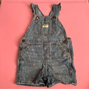 OshKosh B’Gosh Girls Denim Shortalls Cherry Print Overalls Size 3T Cotton